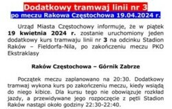 Zdjęcie do Dodatkowy tramwaj linii nr 3 po meczu Rakowa Częstochowa...