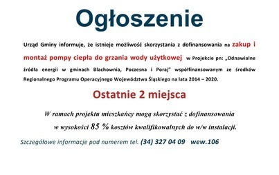Zdjęcie do Ogłoszenie dot.dofinansowania na  pompy ciepła