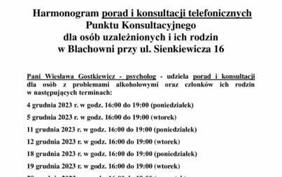 Zdjęcie do Harmonogram Punktu Konsultacyjnego dla os&oacute;b uzależnionych oraz członk&oacute;w ich rodzin na miesiąc grudzień