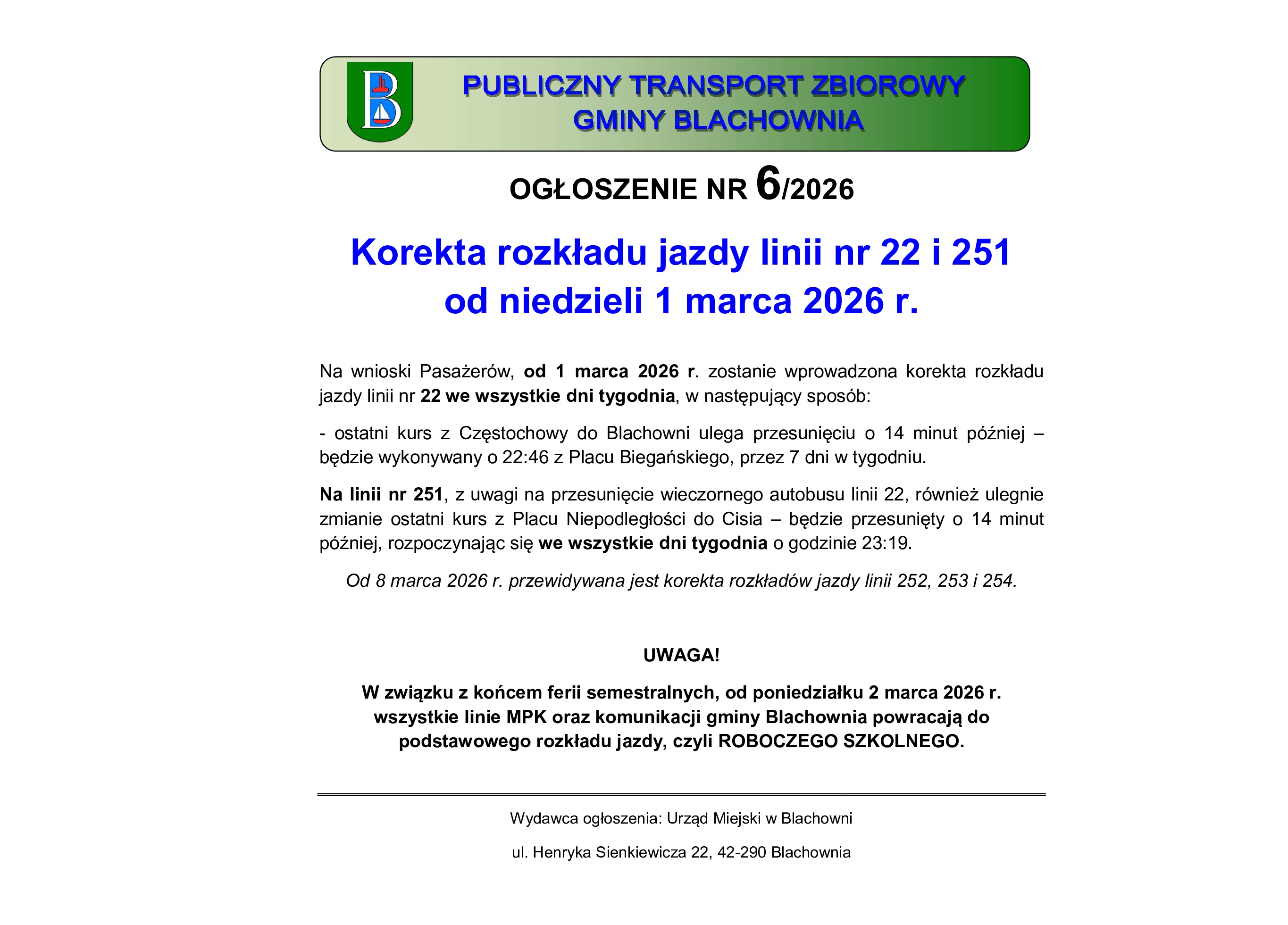Korekta rozkładu jazdy nr 22 i&nbsp;251 o&nbsp;niedzieli 1 marca 2026r.