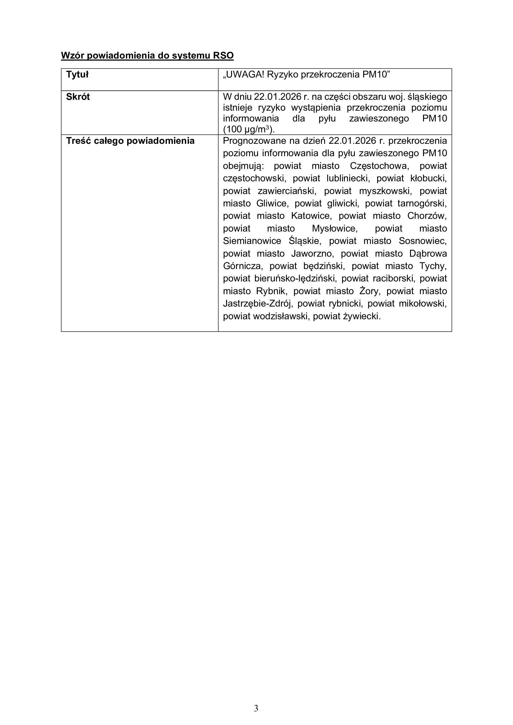  Powiadomienie o&nbsp;ryzyku wystąpienia przekroczenia poziomu informowania dla pyłu zawieszonego PM10 w&nbsp;powietrzu - powiat częstochowski