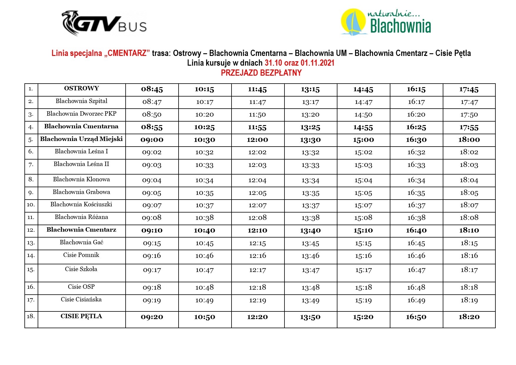 Rozkład jazdy GTV BUS w&nbsp;dniach 31.10.2021 - 01.11.2021 2