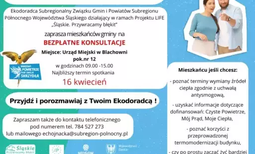 Zapraszamy mieszkańców na bezpłatne konsultacje z Ekodoradcą, 16 kwietnia 2025 godz 9.00-15.00 ul. Sienkiewicza 22 Blachownia