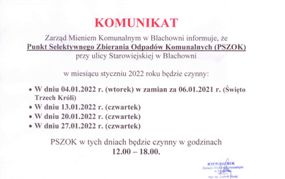 Zdjęcie do Informacja o godzinach otwarcia PSZOK w miesiącu styczniu 2022