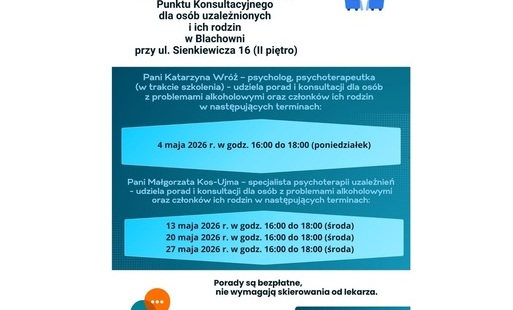 Harmonogram porad i konsultacji Punktu Konsultacyjnego dla osób uzależnionych i ich rodzin w Blachowni przy ul. Sienkiewicza 16