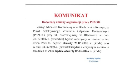 Komuikat dotyczący zmiany organizacji pracy PSZOK