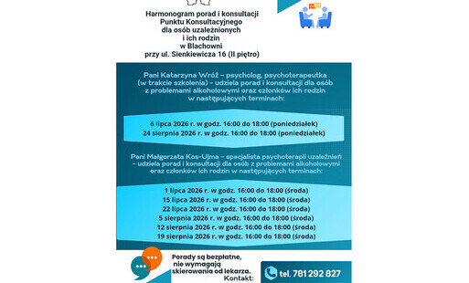 Harmonogram porad i konsultacji Punktu Konsultacyjnego dla osób uzależnionych i ich rodzin LIPIEC i SIERPIEŃ