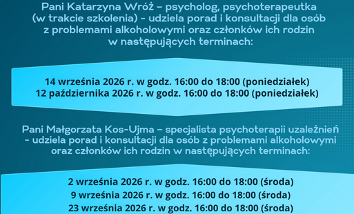 Zdjęcie do Harmonogram porad i konsultacji Punktu Konsultacyjnego dla os&oacute;b uzależnionych i ich rodzin w Blachowni przy ul. Sienkiewicza 16 WRZESIEŃ i PAŹDZIERNIK 2026