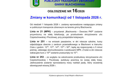 Zdjęcie do Zmiany w komunikacji od 1 listopada 2026 r.