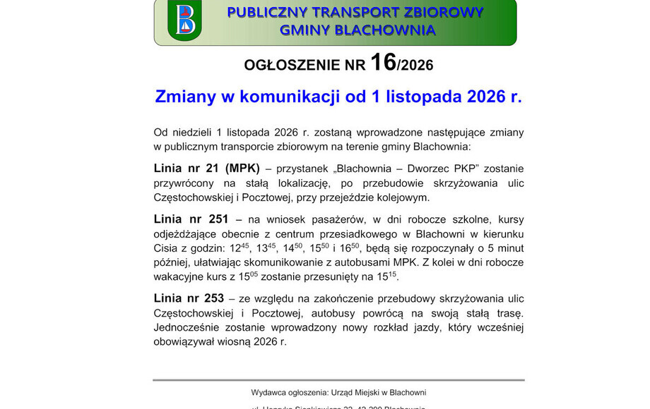 Zmiany w komunikacji w Blachowni od 1 listopada 2026 r.