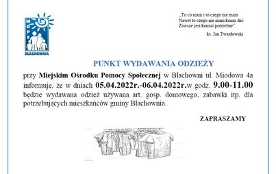 Zdjęcie do Punkt Wydawania Odzieży dla os&oacute;b potrzebujących otwarty 5 i 6 kwietnia