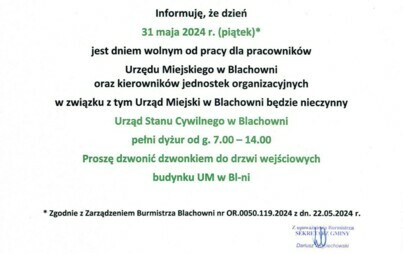 Zdjęcie do Informacja o pracy Urzędu Miejskiego w dniu 31 maja 2024 r.